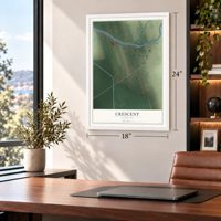 Crescent, Louisiana map, 18 x 24 inch print in a white frame in a home office
