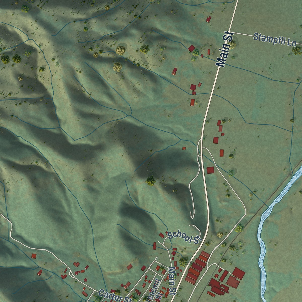 Second close-up of the map of Crescent Mills, California print showing more streets and buildings