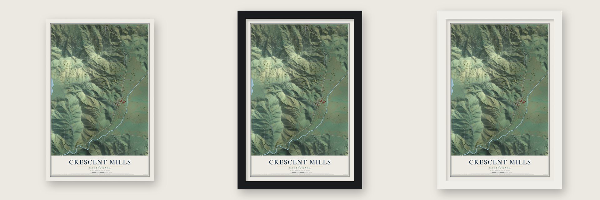 Crescent Mills, California map unframed, in a black wood frame and in a white wood frame