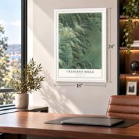 Crescent Mills, California map, 18 x 24 inch print in a white frame in a home office