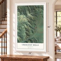 Crescent Mills, California map, 24 x 36 inch print in a white frame by a staircase