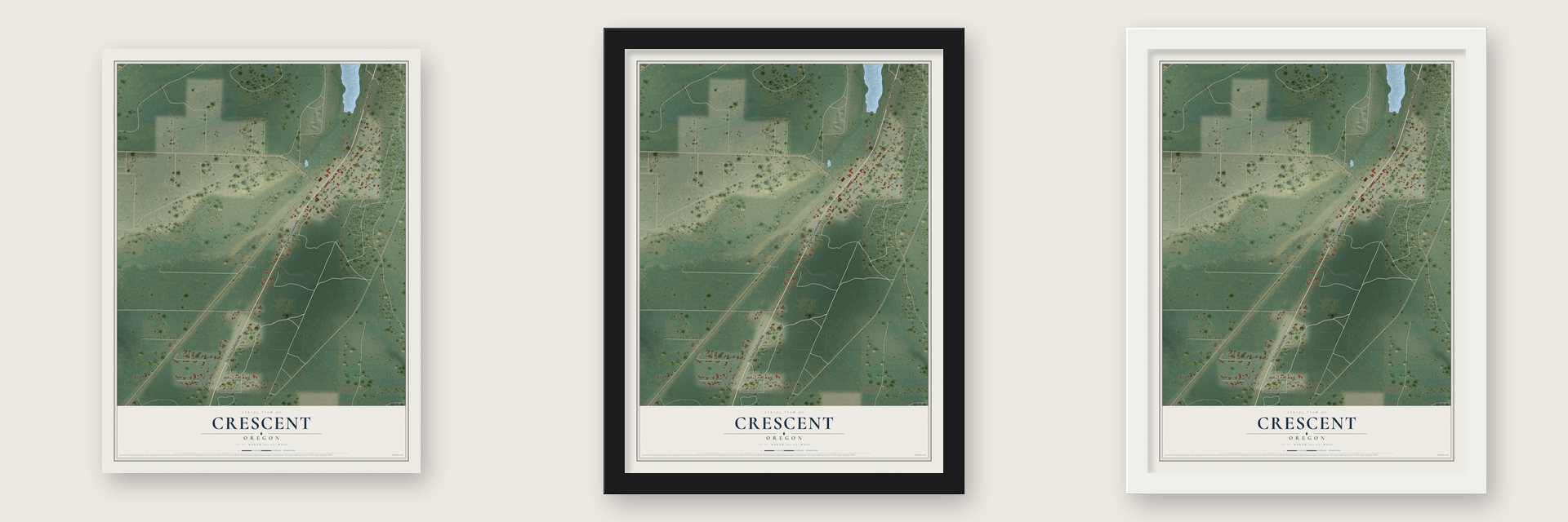 Crescent, Oregon map unframed, in a black wood frame and in a white wood frame