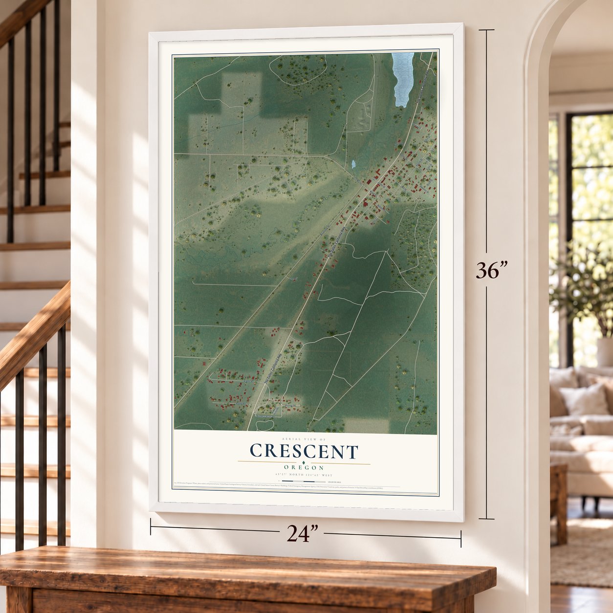 Crescent, Oregon map, 24 x 36 inch print in a white frame by a staircase