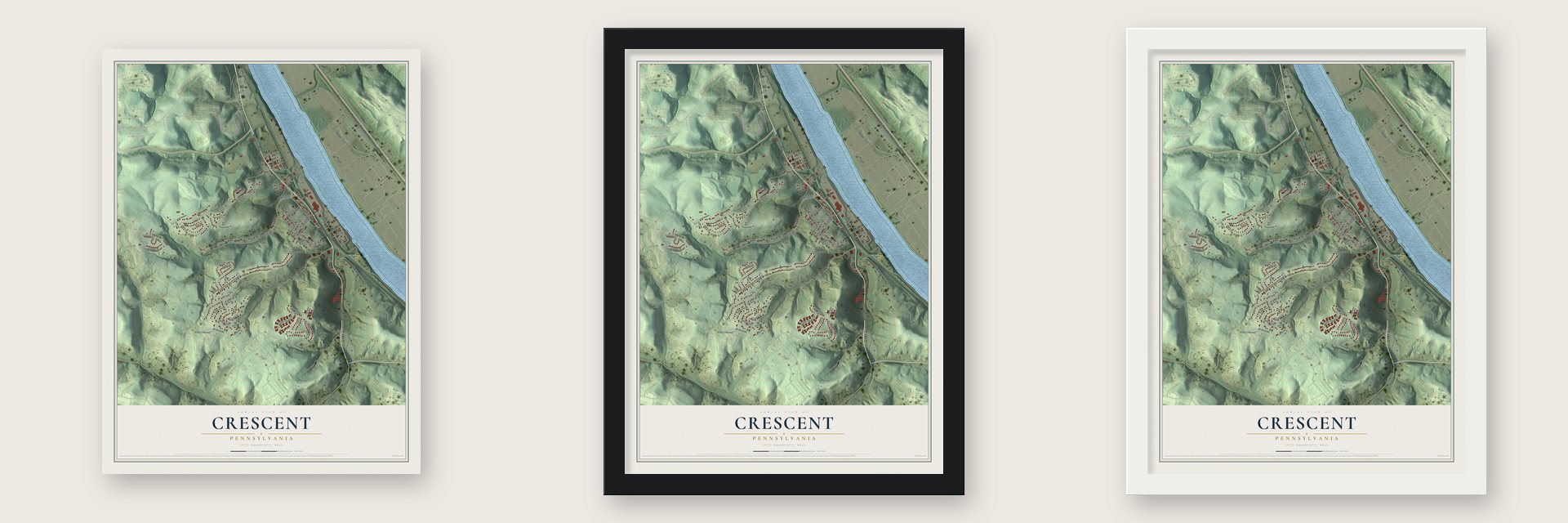 Crescent, Pennsylvania map unframed, in a black wood frame and in a white wood frame
