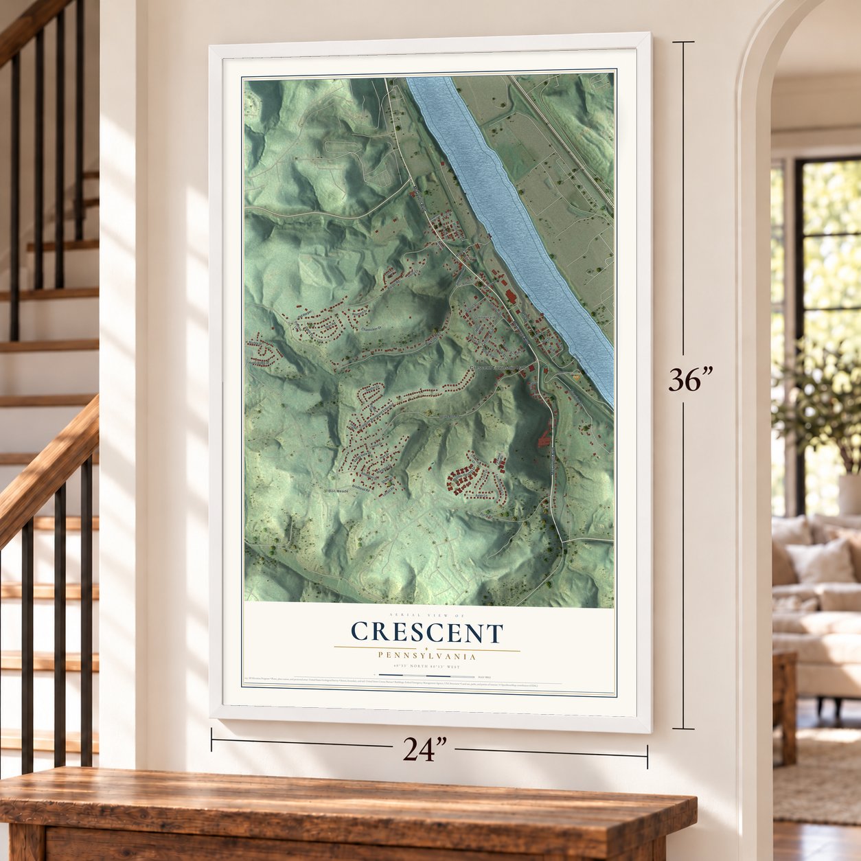 Crescent, Pennsylvania map, 24 x 36 inch print in a white frame by a staircase