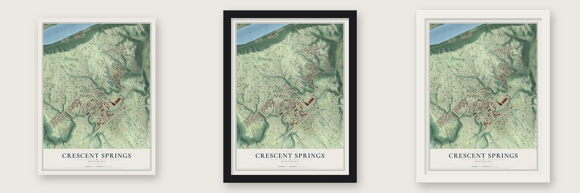 Crescent Springs, Kentucky map unframed, in a black wood frame and in a white wood frame