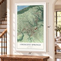 Crescent Springs, Kentucky map, 24 x 36 inch print in a white frame by a staircase