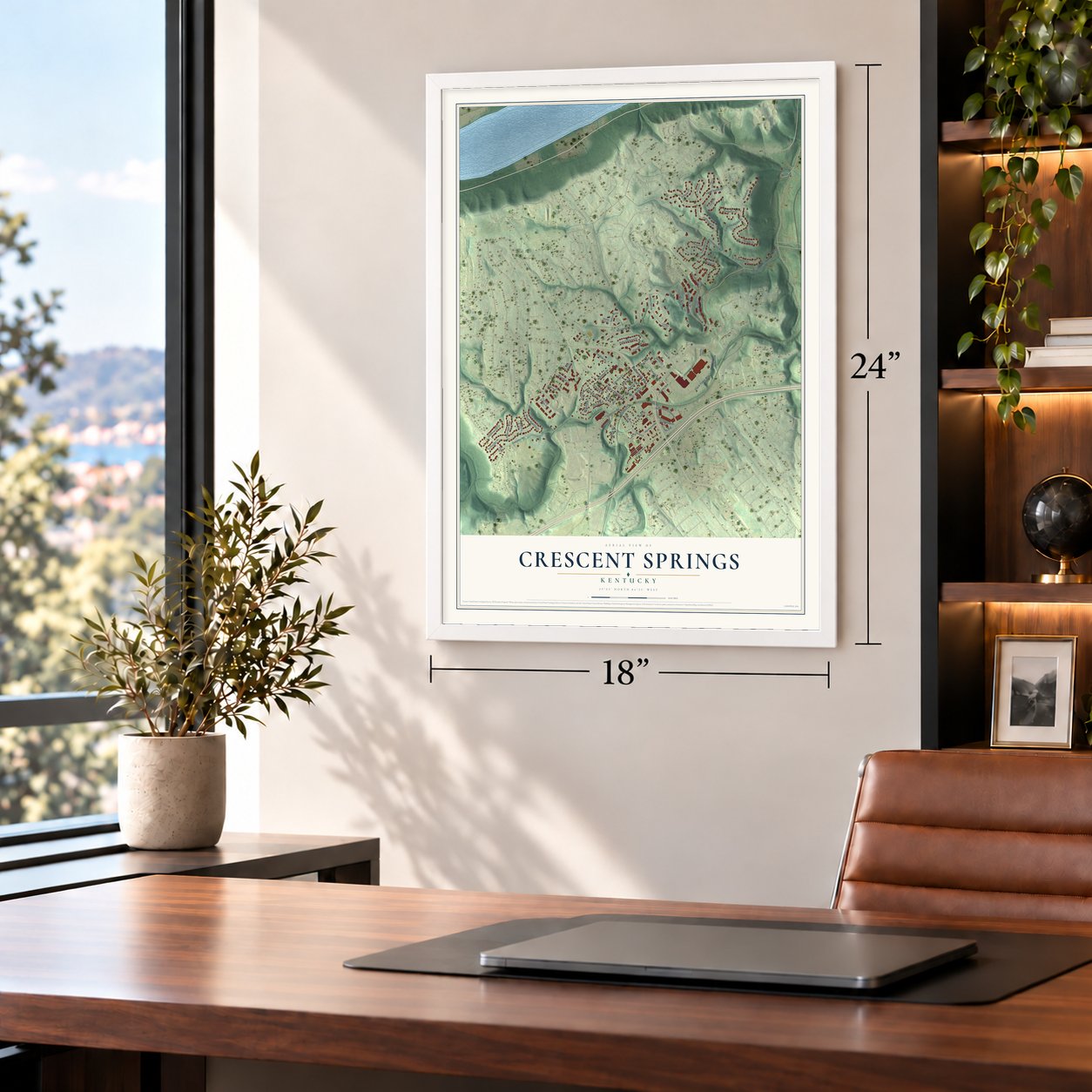 Crescent Springs, Kentucky map, 18 x 24 inch print in a white frame in a home office