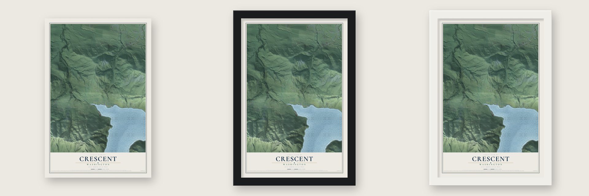 Crescent, Washington map unframed, in a black wood frame and in a white wood frame