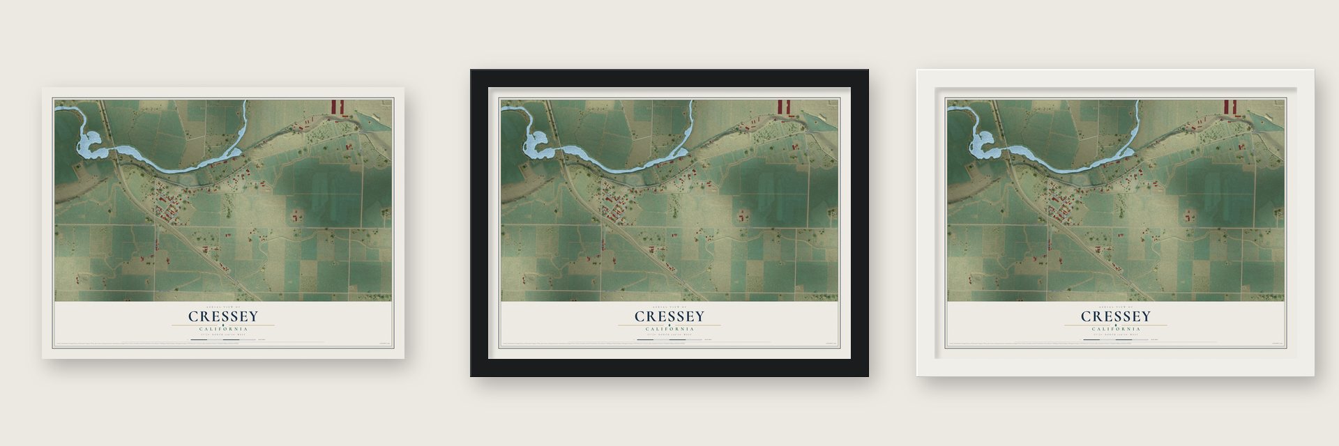 Cressey, California map unframed, in a black wood frame and in a white wood frame