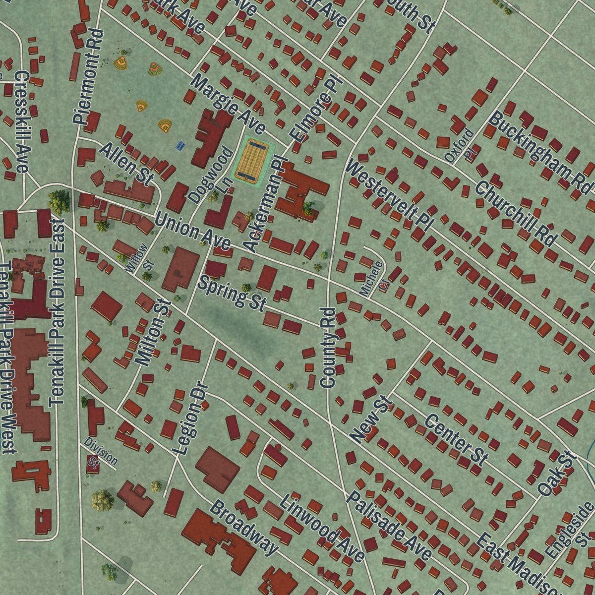 Second close-up of the map of Cresskill, New Jersey print showing more streets and buildings