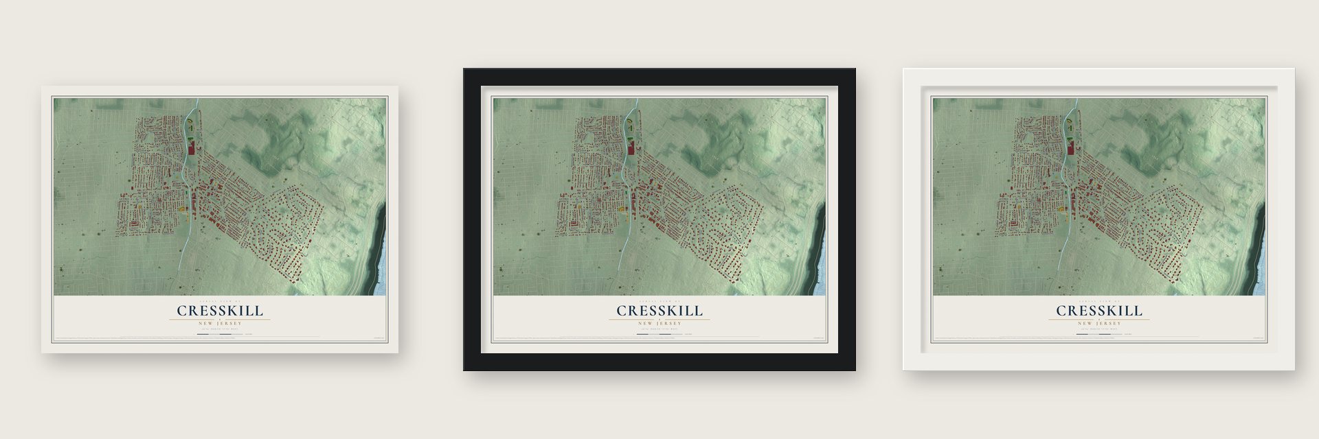 Cresskill, New Jersey map unframed, in a black wood frame and in a white wood frame