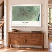 Cresskill, New Jersey map, 24 x 36 inch print in a white frame above a dresser by a staircase