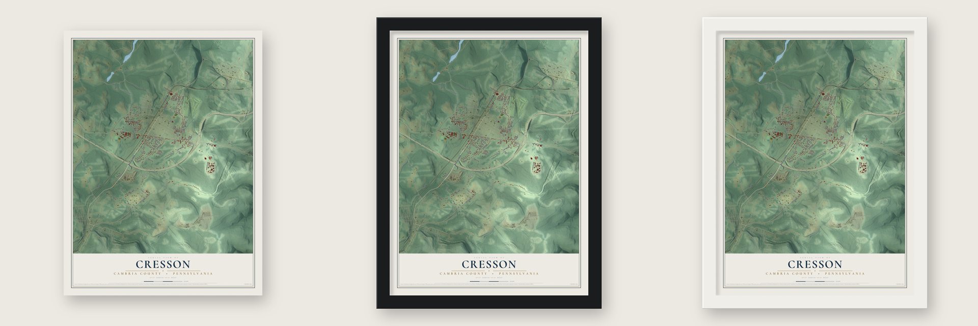 Cresson, Cambria County, Pennsylvania map unframed, in a black wood frame and in a white wood frame