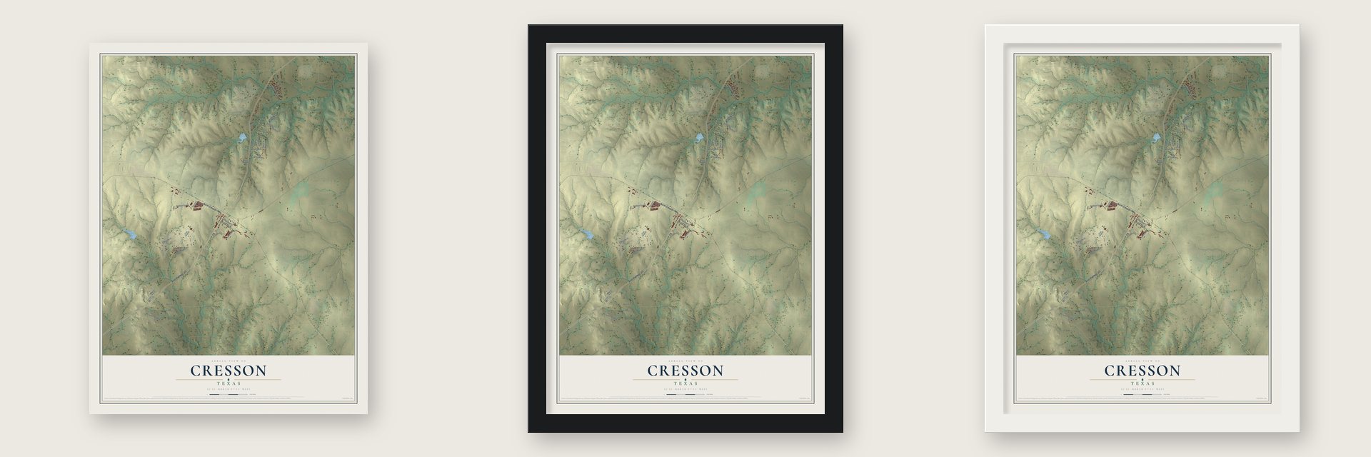 Cresson, Texas map unframed, in a black wood frame and in a white wood frame