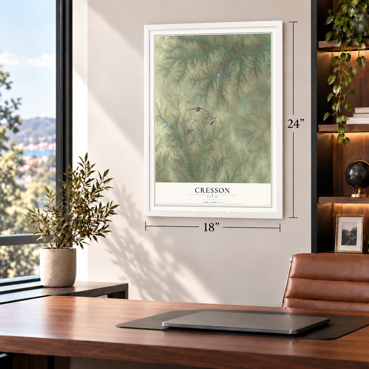 Cresson, Texas map, 18 x 24 inch print in a white frame in a home office