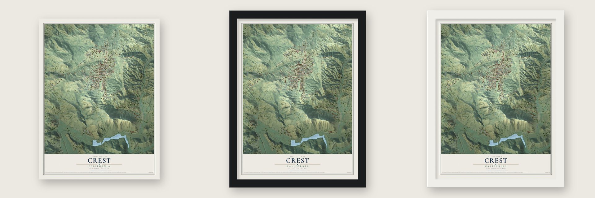 Crest, California map unframed, in a black wood frame and in a white wood frame