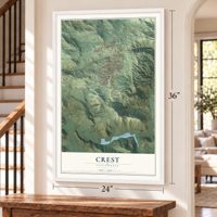 Crest, California map, 24 x 36 inch print in a white frame by a staircase