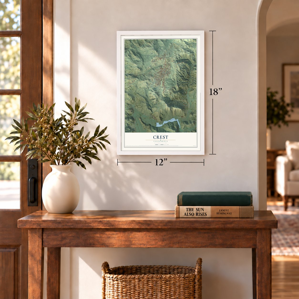 Crest, California map, 12 x 18 inch print in a white frame in an entryway