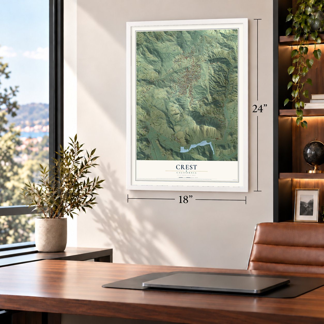 Crest, California map, 18 x 24 inch print in a white frame in a home office