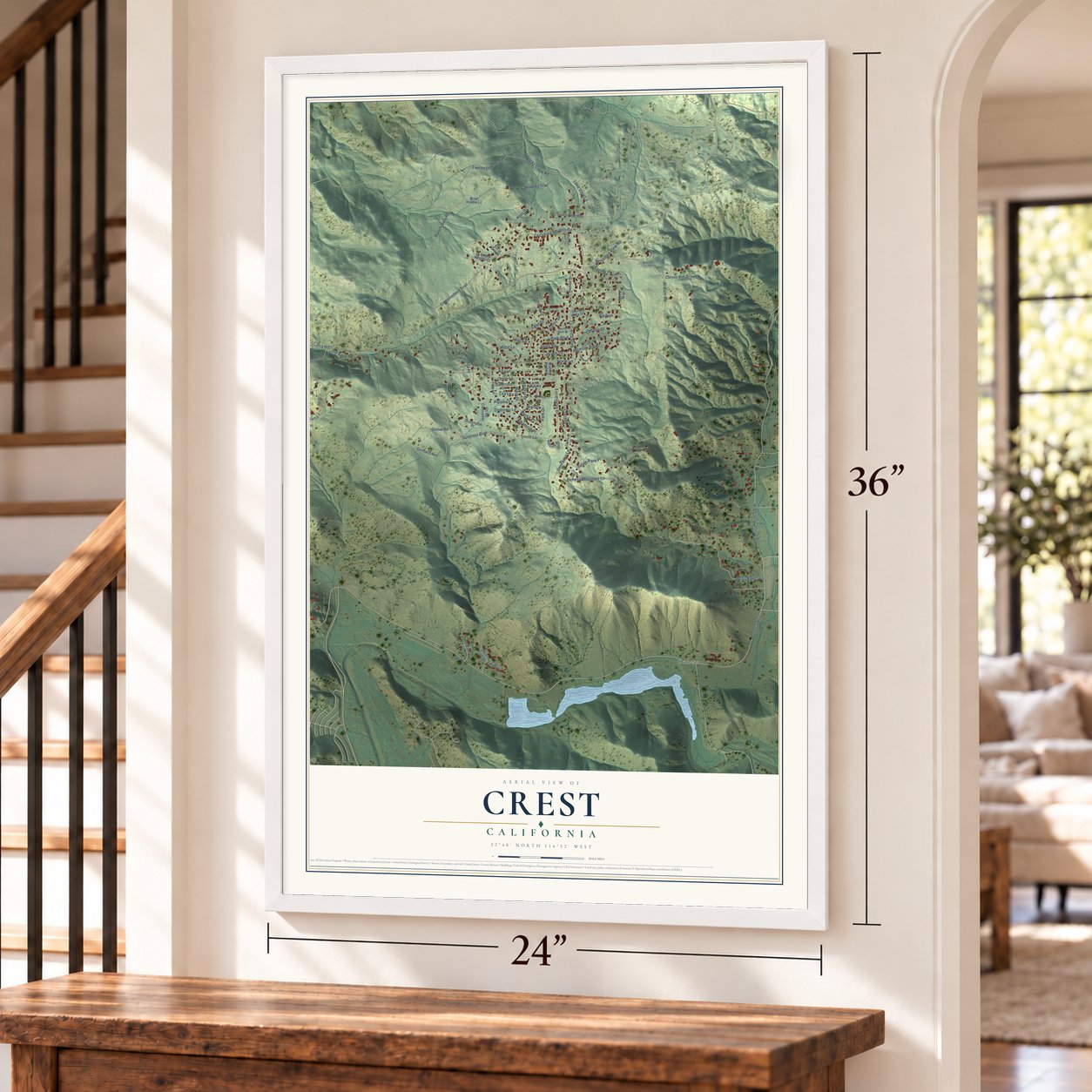 Crest, California map, 24 x 36 inch print in a white frame by a staircase