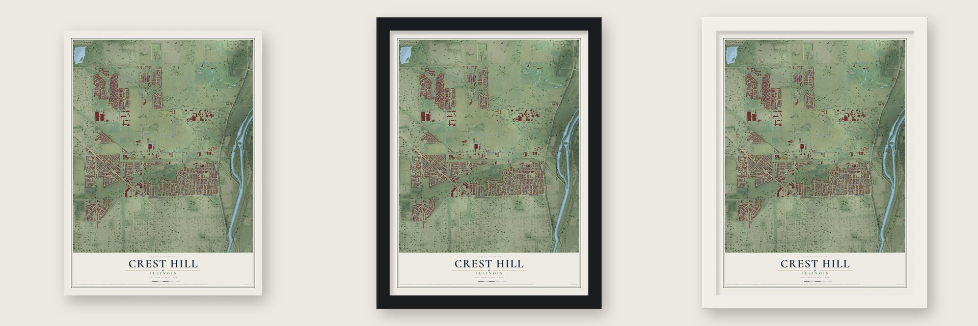 Crest Hill, Illinois map unframed, in a black wood frame and in a white wood frame