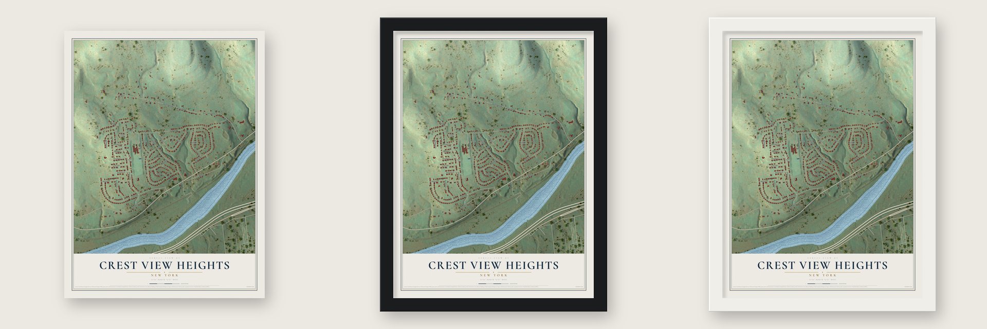 Crest View Heights, New York map unframed, in a black wood frame and in a white wood frame