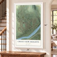 Crest View Heights, New York map, 24 x 36 inch print in a white frame by a staircase
