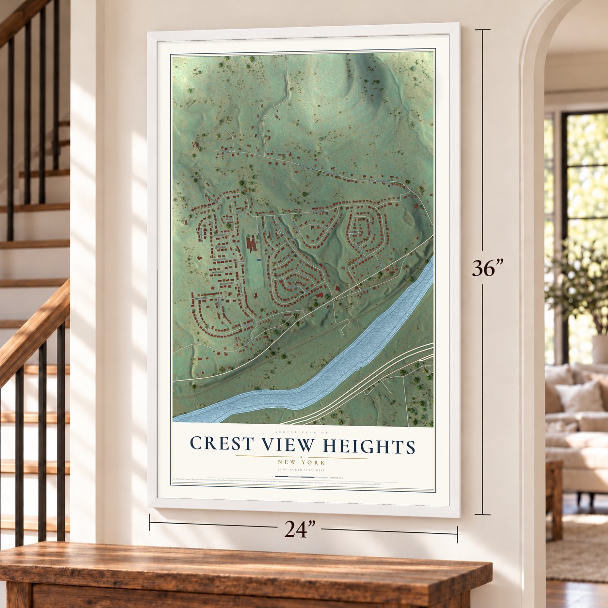 Crest View Heights, New York map, 24 x 36 inch print in a white frame by a staircase