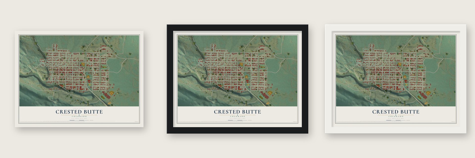 Crested Butte, Colorado map unframed, in a black wood frame and in a white wood frame