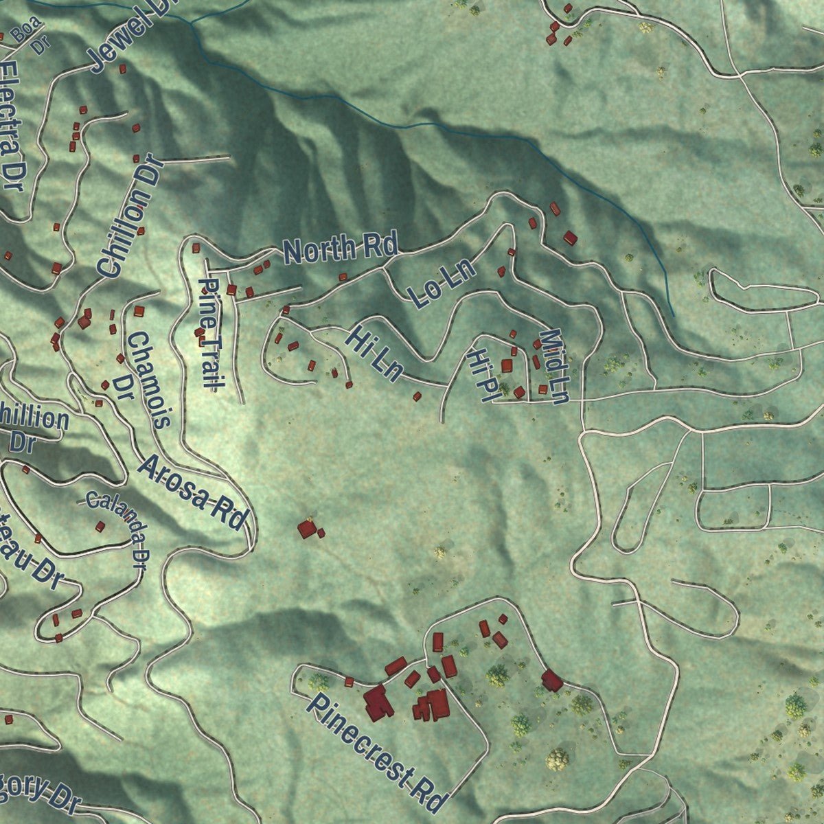 Second close-up of the map of Crestline, California print showing more streets and buildings