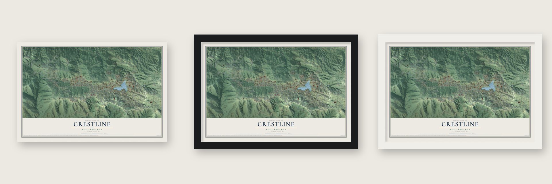 Crestline, California map unframed, in a black wood frame and in a white wood frame