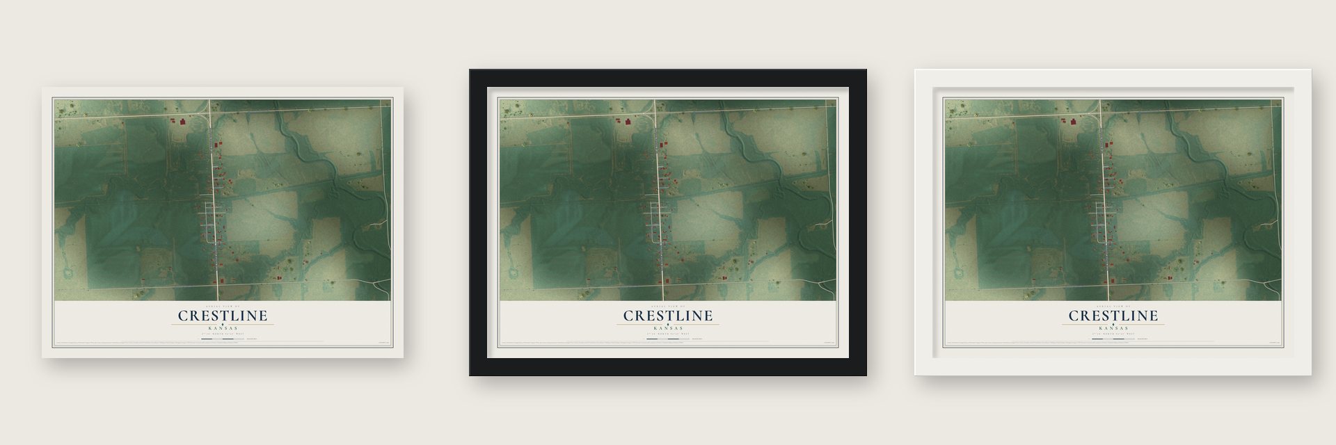 Crestline, Kansas map unframed, in a black wood frame and in a white wood frame