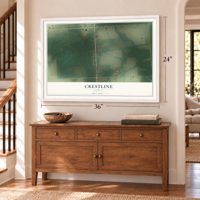 Crestline, Kansas map, 24 x 36 inch print in a white frame above a dresser by a staircase