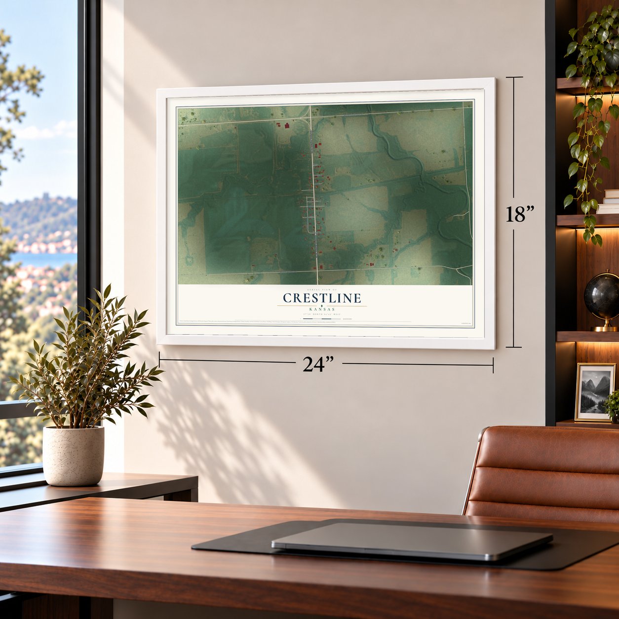 Crestline, Kansas map, 18 x 24 inch print in a white frame in a home office