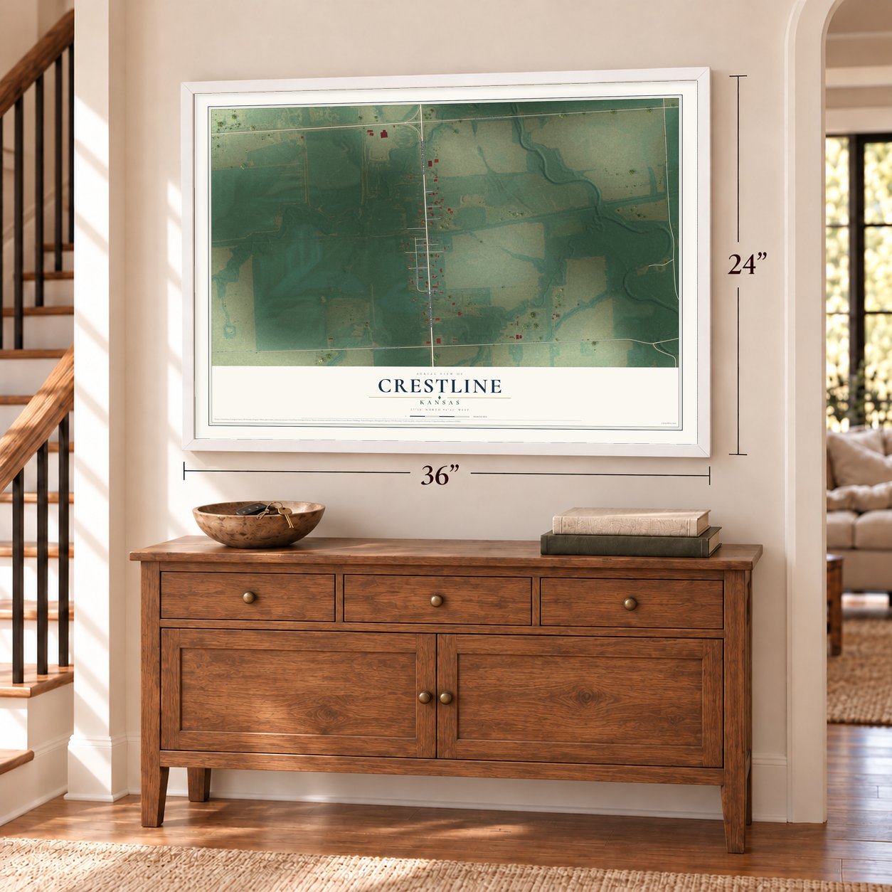 Crestline, Kansas map, 24 x 36 inch print in a white frame above a dresser by a staircase