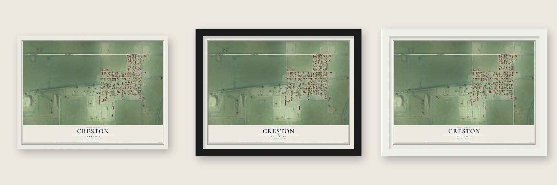 Creston, Illinois map unframed, in a black wood frame and in a white wood frame