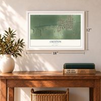 Creston, Illinois map, 12 x 18 inch print in a white frame in an entryway