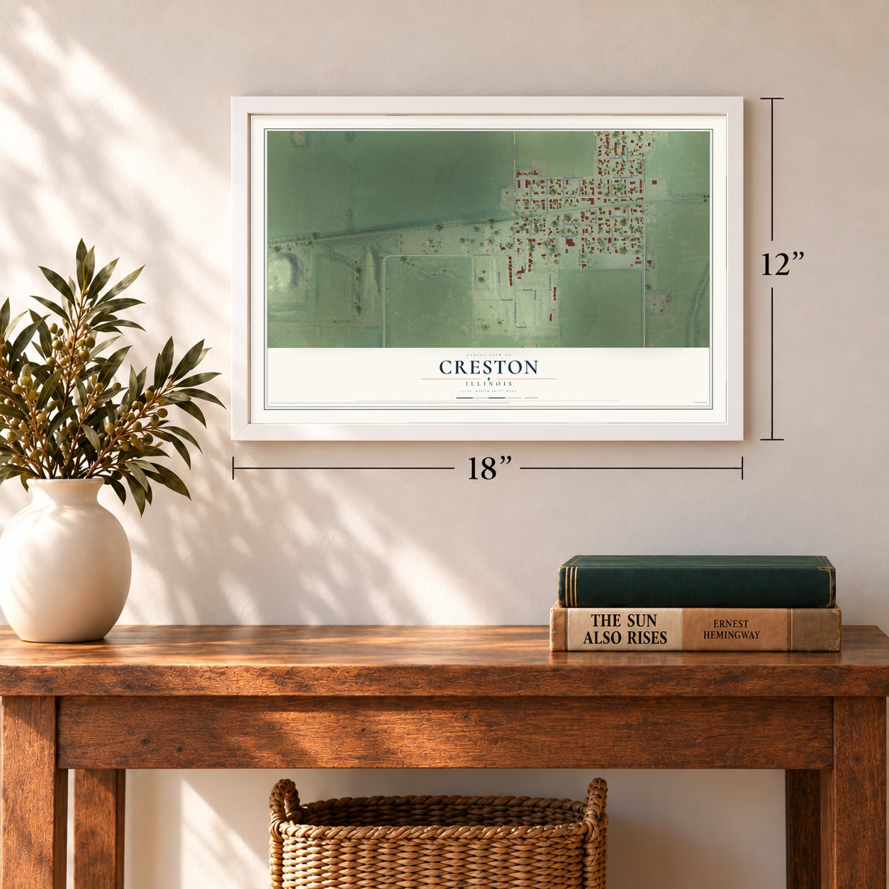 Creston, Illinois map, 12 x 18 inch print in a white frame in an entryway