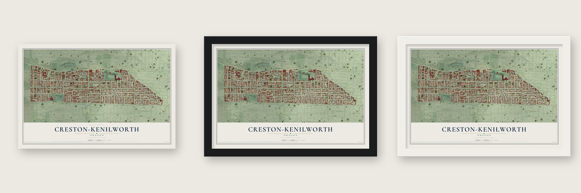 Creston-Kenilworth, Oregon map unframed, in a black wood frame and in a white wood frame