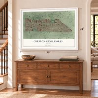 Creston-Kenilworth, Oregon map, 24 x 36 inch print in a white frame above a dresser by a staircase