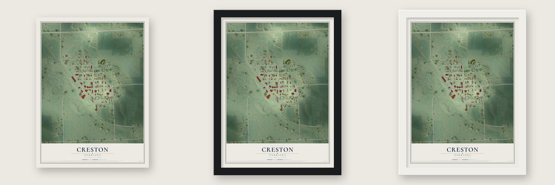 Creston, Nebraska map unframed, in a black wood frame and in a white wood frame