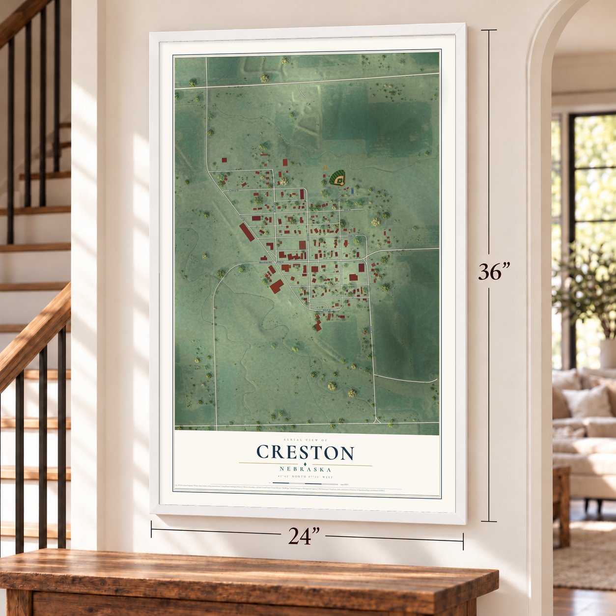 Creston, Nebraska map, 24 x 36 inch print in a white frame by a staircase
