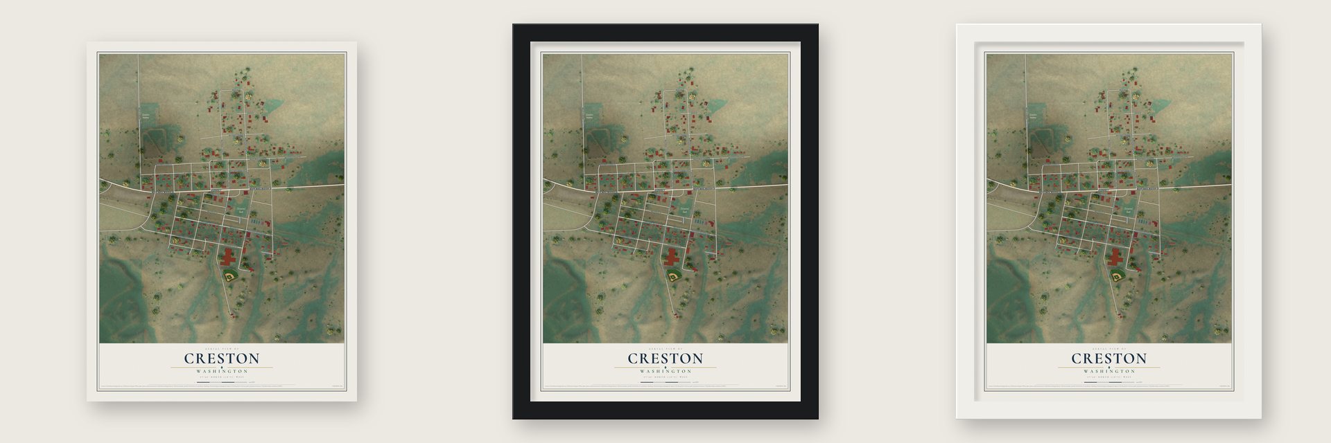 Creston, Washington map unframed, in a black wood frame and in a white wood frame