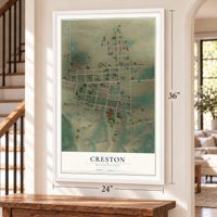 Creston, Washington map, 24 x 36 inch print in a white frame by a staircase