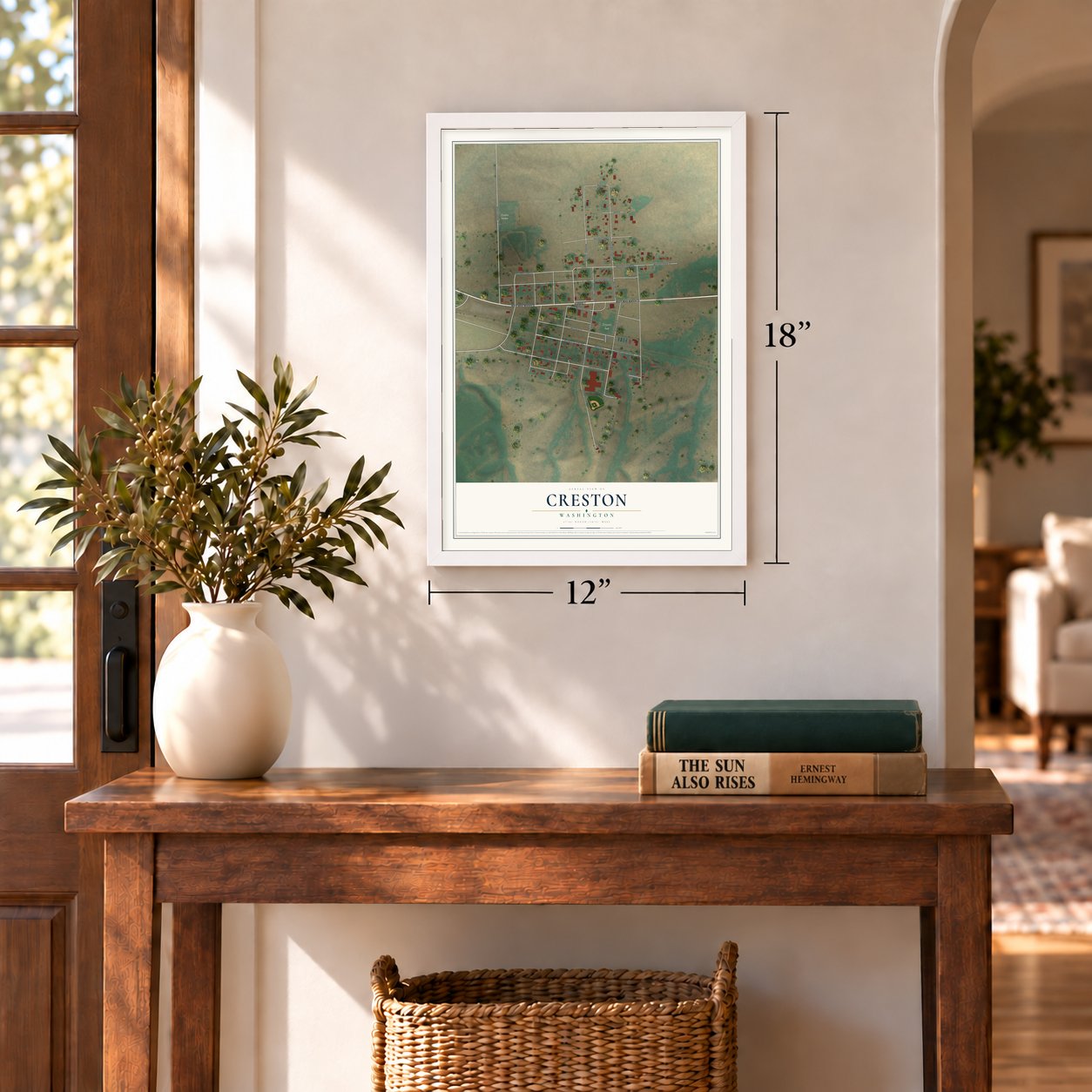 Creston, Washington map, 12 x 18 inch print in a white frame in an entryway