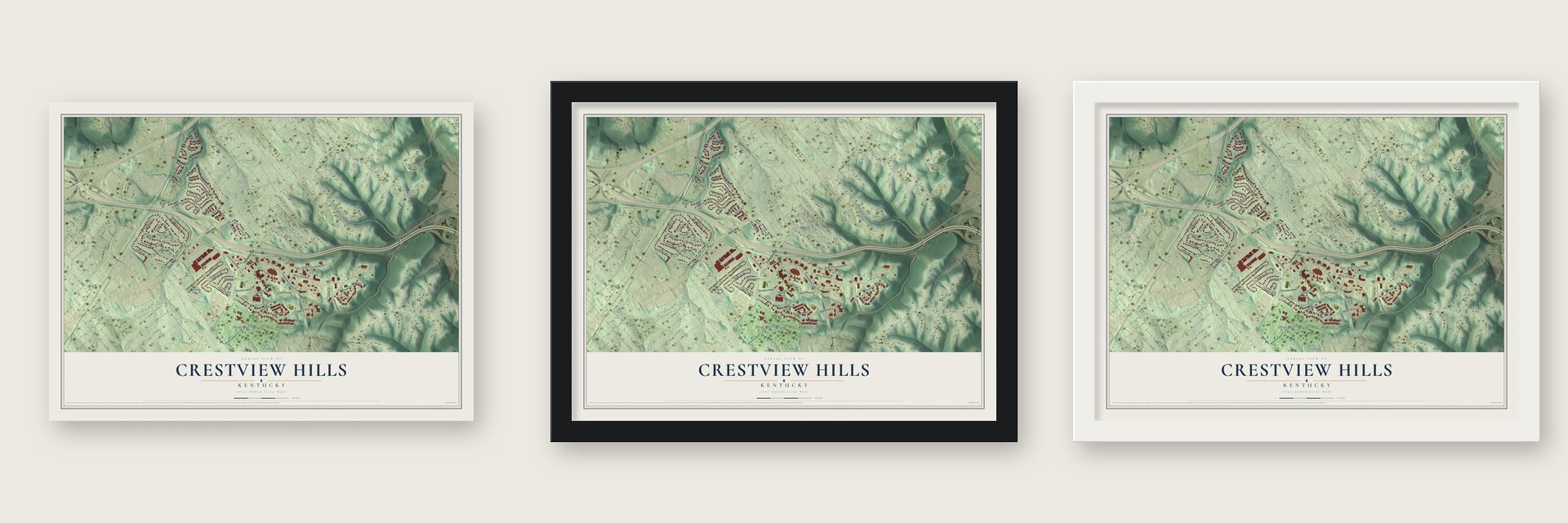 Crestview Hills, Kentucky map unframed, in a black wood frame and in a white wood frame