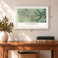 Crestview Hills, Kentucky map, 12 x 18 inch print in a white frame in an entryway