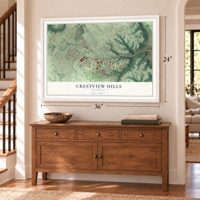 Crestview Hills, Kentucky map, 24 x 36 inch print in a white frame above a dresser by a staircase
