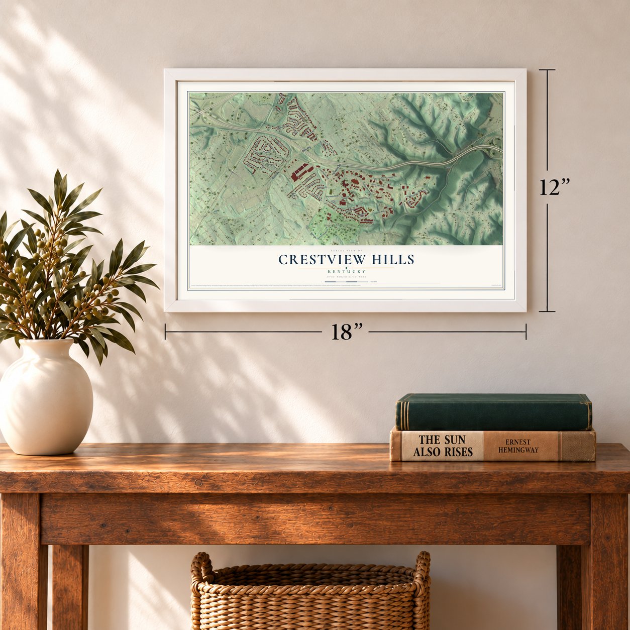 Crestview Hills, Kentucky map, 12 x 18 inch print in a white frame in an entryway